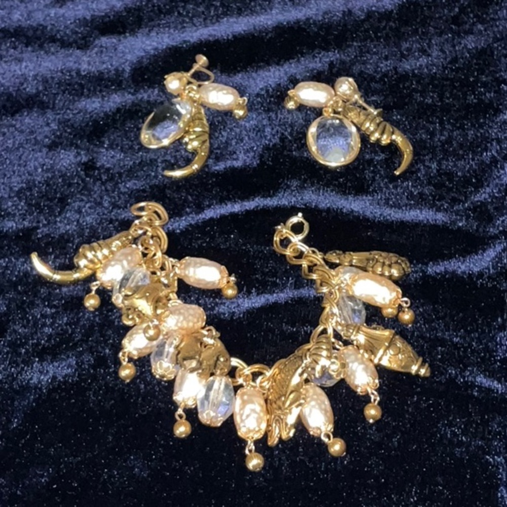 Vintage 1950s Charm Bracelet & Earrings Set Faux Pearl Crystal Cornucopia Charms